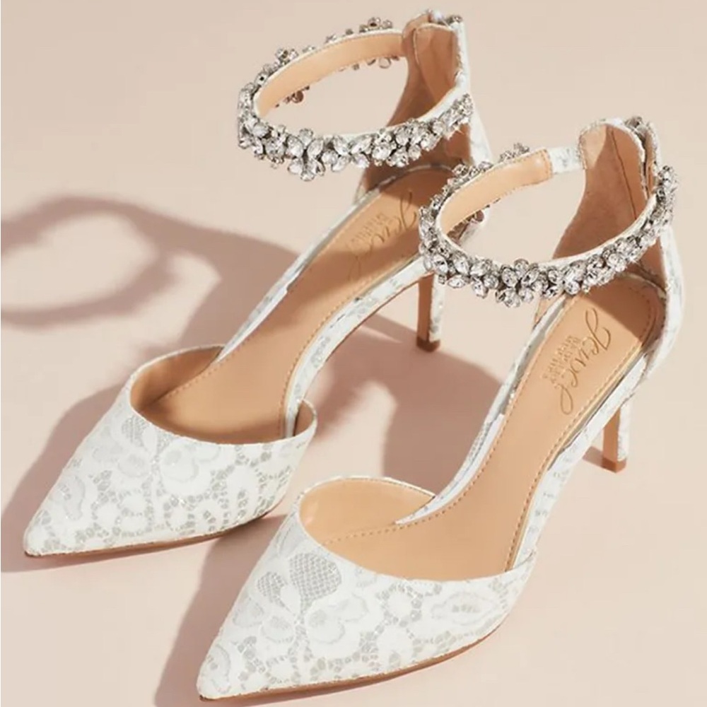 Jewel Badgley Mischka Lace d'Orsay Heels with Crystal Ankle Strap in White
